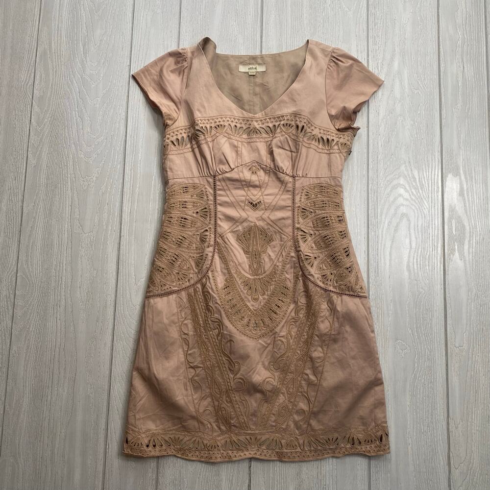 Sefon Tan Boho Embroidered Mini Cocktail Sheath Dress Size Small